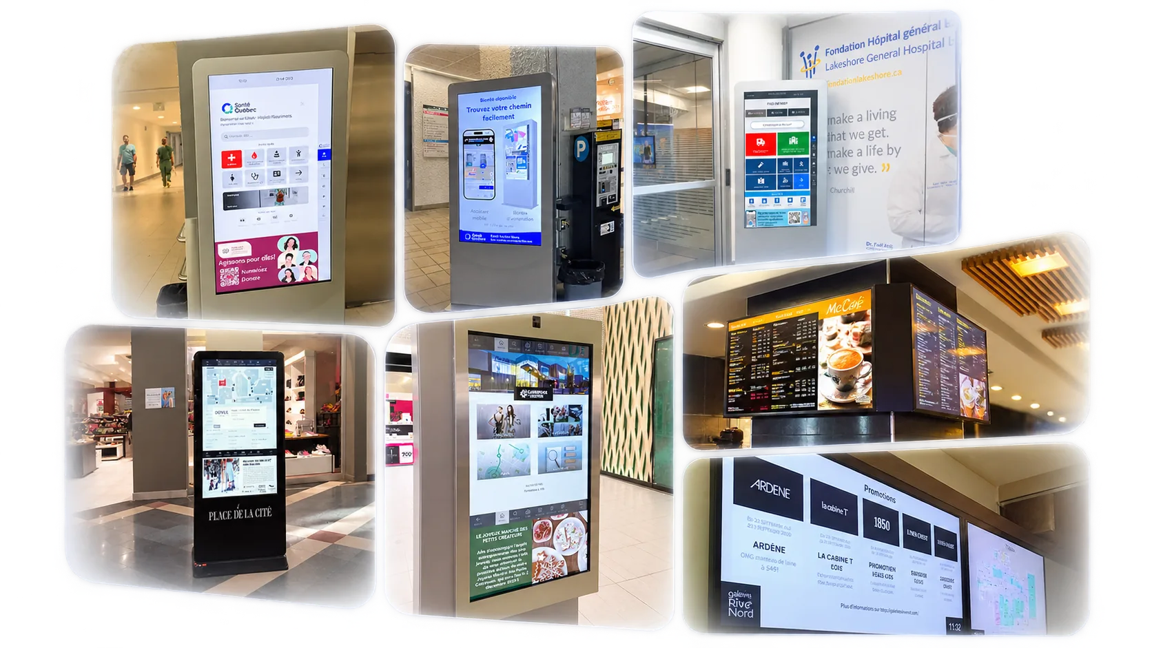 Collage de bornes d’orientation et d’affichage numérique Eye-In Media installés dans des hôpitaux, des centres commerciaux et un McCafé