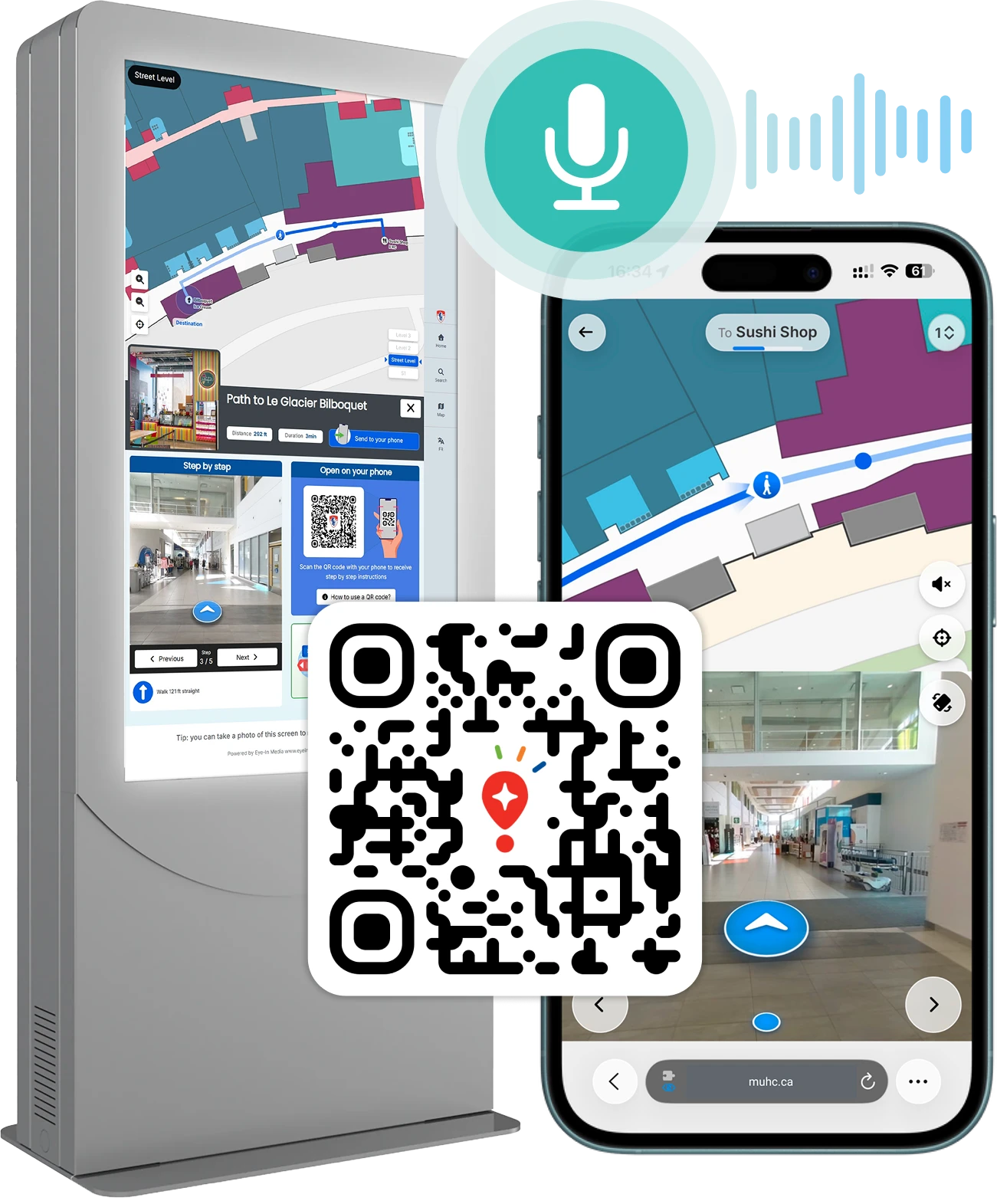 Patient scanning the QR code displayed on an Eye-In hospital wayfinding kiosk to transfer directions to their phone