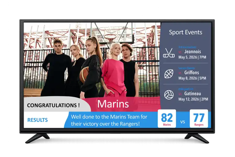 Digital signage screen displaying student content with multiple zones