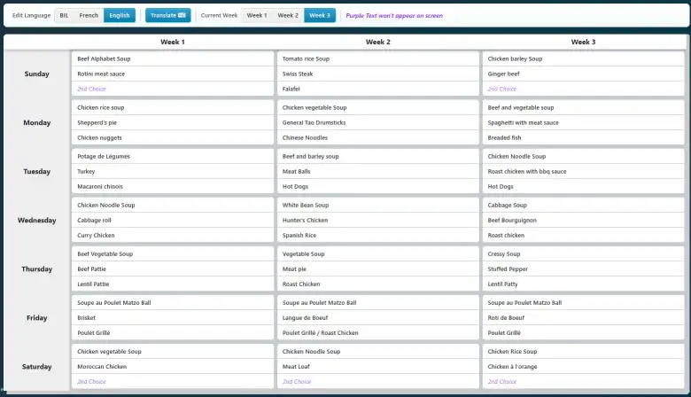 Daily menu scheduler interface